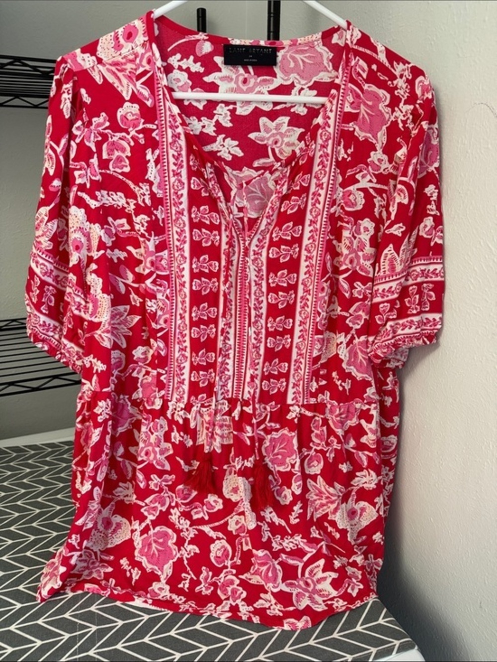 Lane Bryant, 14, Red and White Floral Tie-Front Peasant Blouse